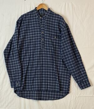 Lee Valley Ireland Mens Grandfather Shirt Collarless Flannel Size L Blue Plaid